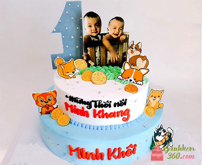 Bánh sinh nhật 2 tầng cho bé trai sinh đôi