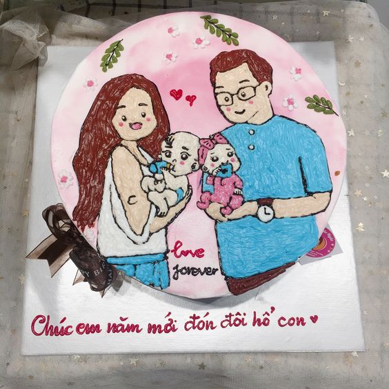 Bánh kem vẽ hình vợ chồng hạnh phúc