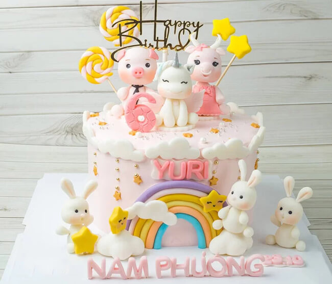 Bánh sinh nhật thôi nôi đầy tháng bé gái và đàn chuột con hồng đẹp tặng  sinh nhật bé tuổi tý 7556 - Bánh fondant
