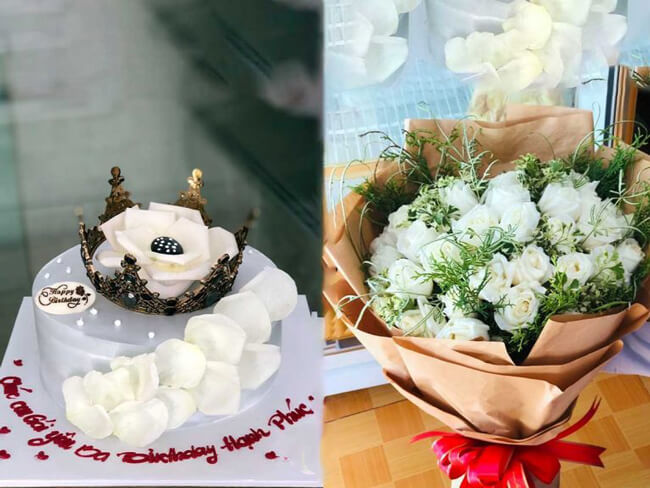 Bánh và hoa sinh nhật đơn giản đồng điệu theo gam màu trắng