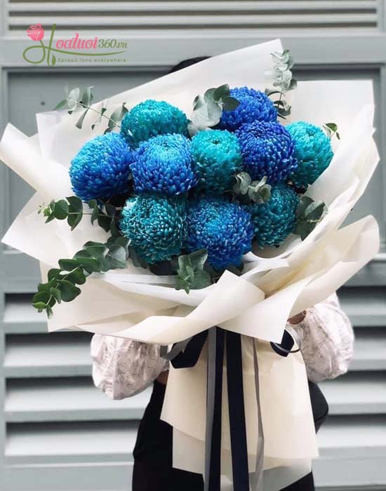 Bó hoa cúc mẫu đơn xanh dương đẹp sang trọng