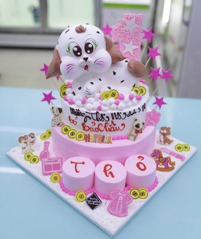 Bánh sinh nhật 2 tầng in hình chó dễ thương dành cho bé trai tuổi tuất MS  IH-0066 - Tiệm Bánh Chon Chon
